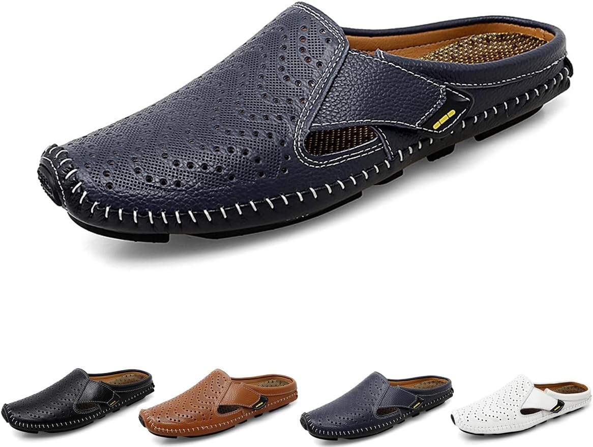

Мужские кожаные мюли DESESE, удобные сабо, дышащая кожа с перфорацией, обувь на выход без шнурков, нескользящие повседневные лоферы, синий