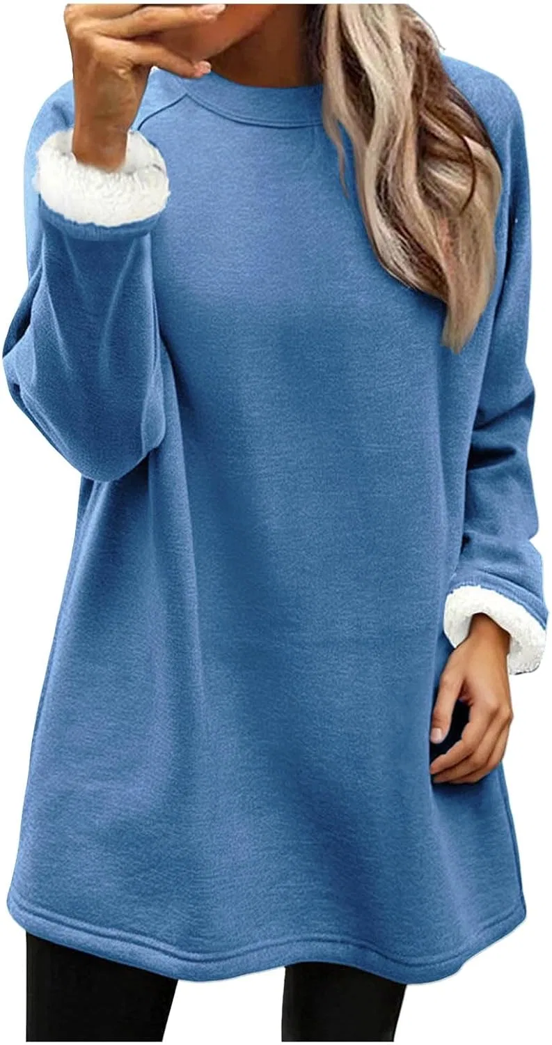 Блуза, длинная, Women's Fleece-Lined Sweatshirt, синий