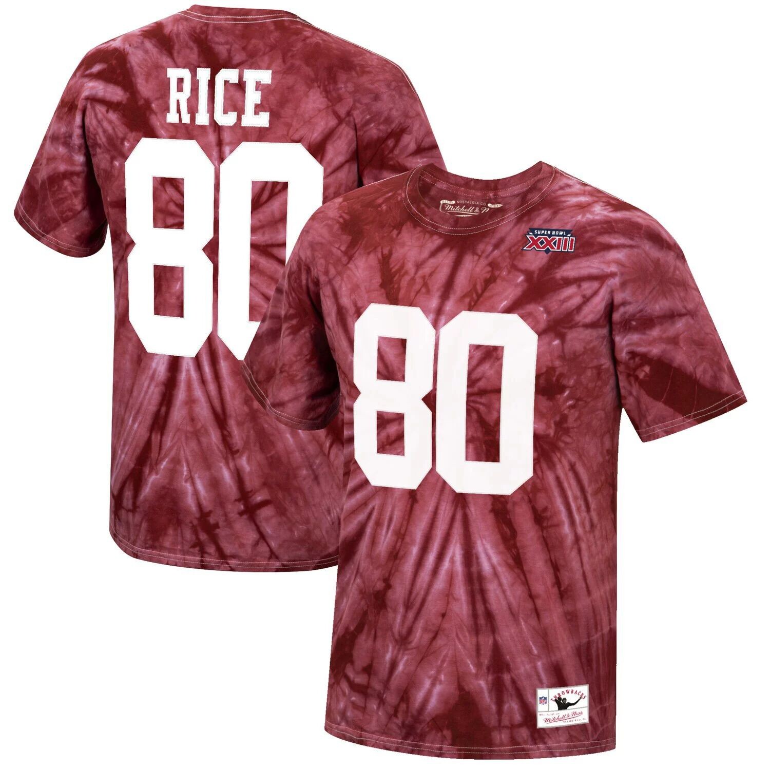 

Мужская футболка Mitchell & Ness Jerry Rice Scarlet San Francisco 49ers Tie-Dye Super Bowl XXIII с именем и номером игрока в отставке