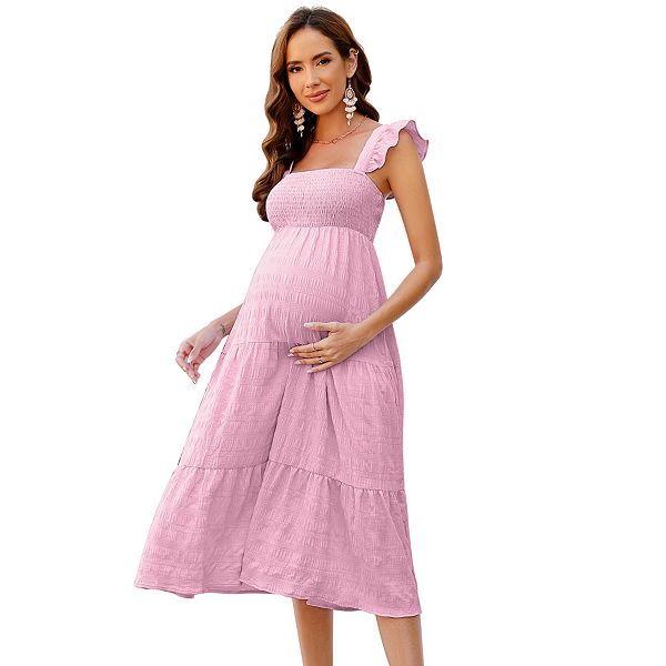 

Летнее платье для беременных без рукавов с присборенным квадратным вырезом и рюшами миди для фотосессии baby shower Yesfashion, Pink