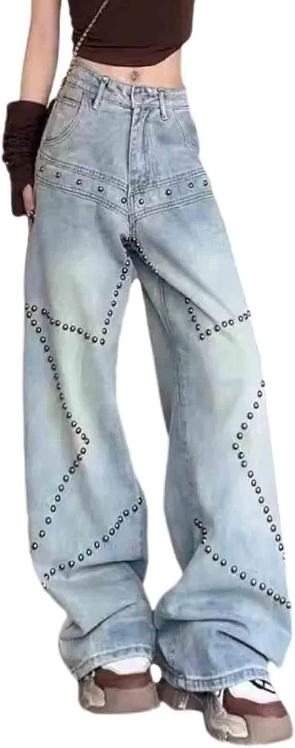 

Женские джинсы прямого кроя с ретро-принтом и заклепками CBDAO