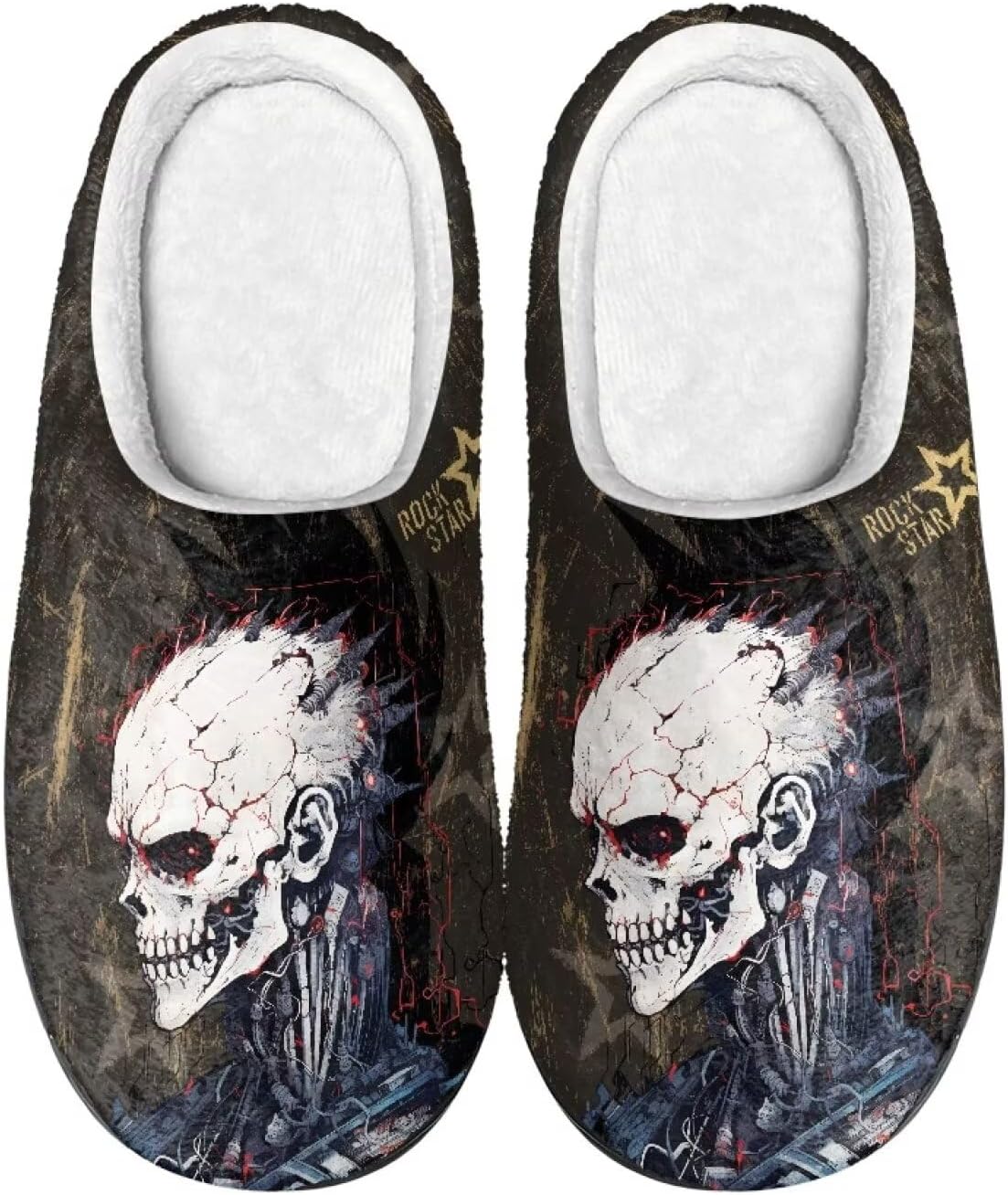 

Теплые мягкие плюшевые домашние тапочки Qoiuvncy Men Winter с черепом, мягкие, удобные, нескользящие, теплые, пушистые, плоские, размер US2-12, Skeleton Rock Star