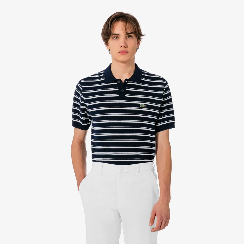 Мужской поло свитер букле в мультиполоску тёмно-синий от Lacoste