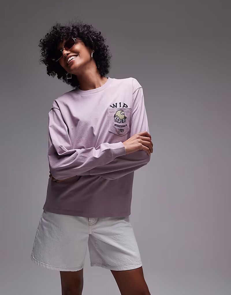 

Футболка Carhartt WIP с принтом в виде юбилейного кармана с длинными рукавами розового цвета