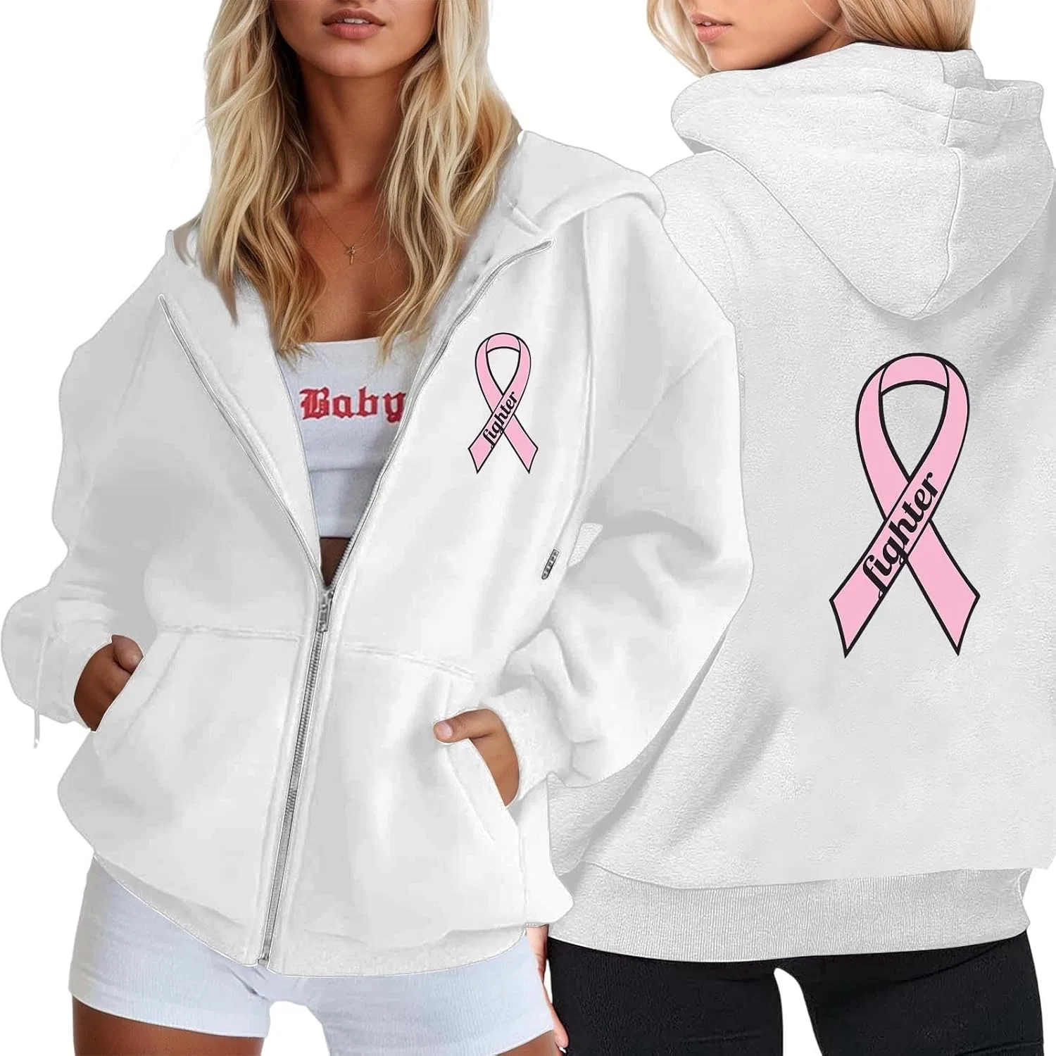 Худи женское на молнии с капюшоном, Pink Ribbon, белый