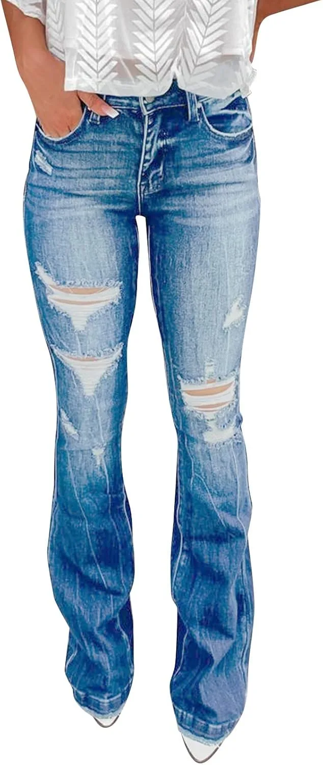 

GOKKILRW женские скинни джинсы с потертостями и расклешенным низом, высокий пояс, широкие штанины