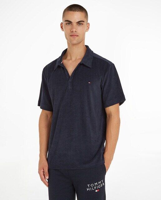 

Хлопковая рубашка с длинными рукавами, воротником-поло и логотипом Tommy Hilfiger, темно-синий