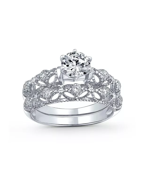 

Кольцо-Обещание с круглым фианитом 1 карат и филигранной полосой в оправе из стерлингового серебра Bling Jewelry, silver