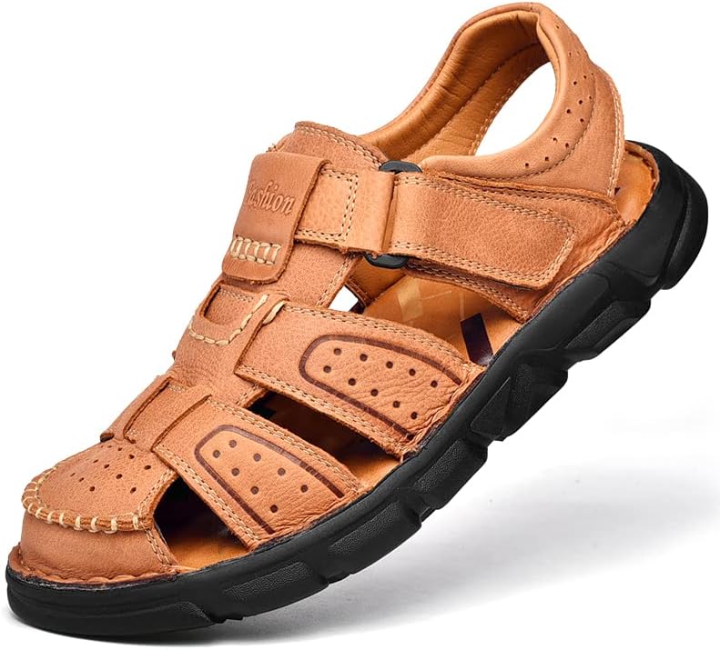 

Мужские сандалии Mecolop, кожаные, с закрытым носком, для прогулок на открытом воздухе, регулируемые, пляжные туфли типа «рыбак», светло-коричневый