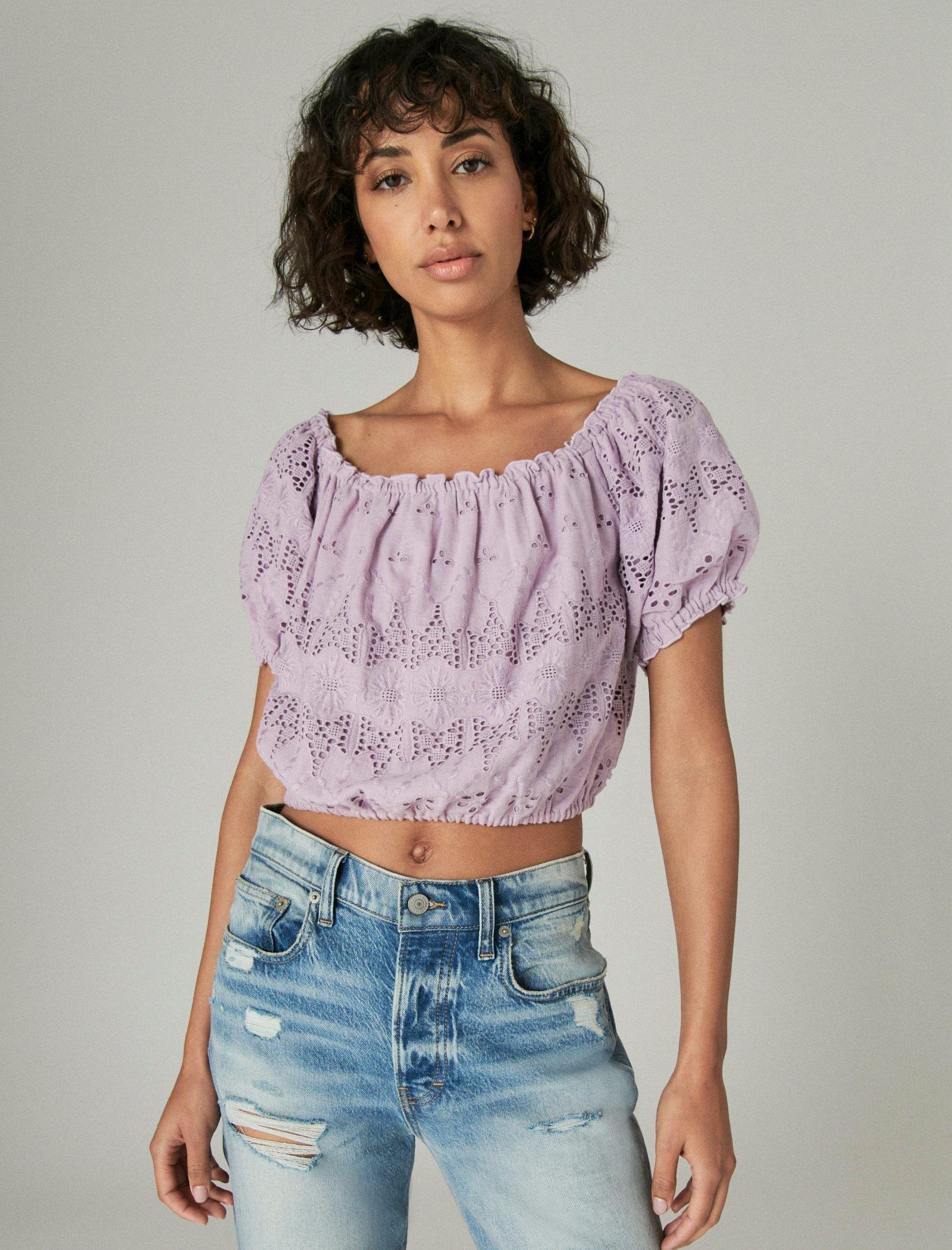 

Lucky Brand Женский кружевной укороченный топ с открытыми плечами, светло-фиолетовый