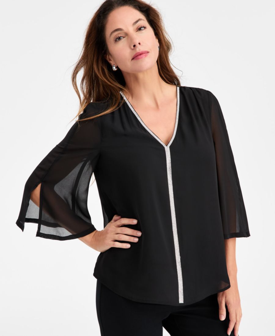 

Женская блузка с V-образным вырезом и рукавами 3/4, украшенная вышивкой JM Collection, Deep Black