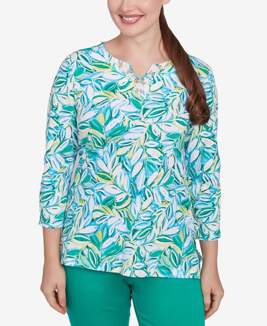 

Небольшой вязаный топ с узором из разноцветных листьев Ruby Rd, Ocean blue multi