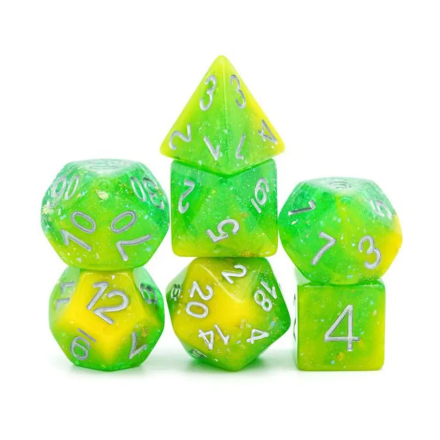 

Набор Poly — желто-зеленое сокровище морского дна с серебром (7), Dice Sets - Resin/Acrylic - Rainbow & Multi-Colored (Foam Brain Games)