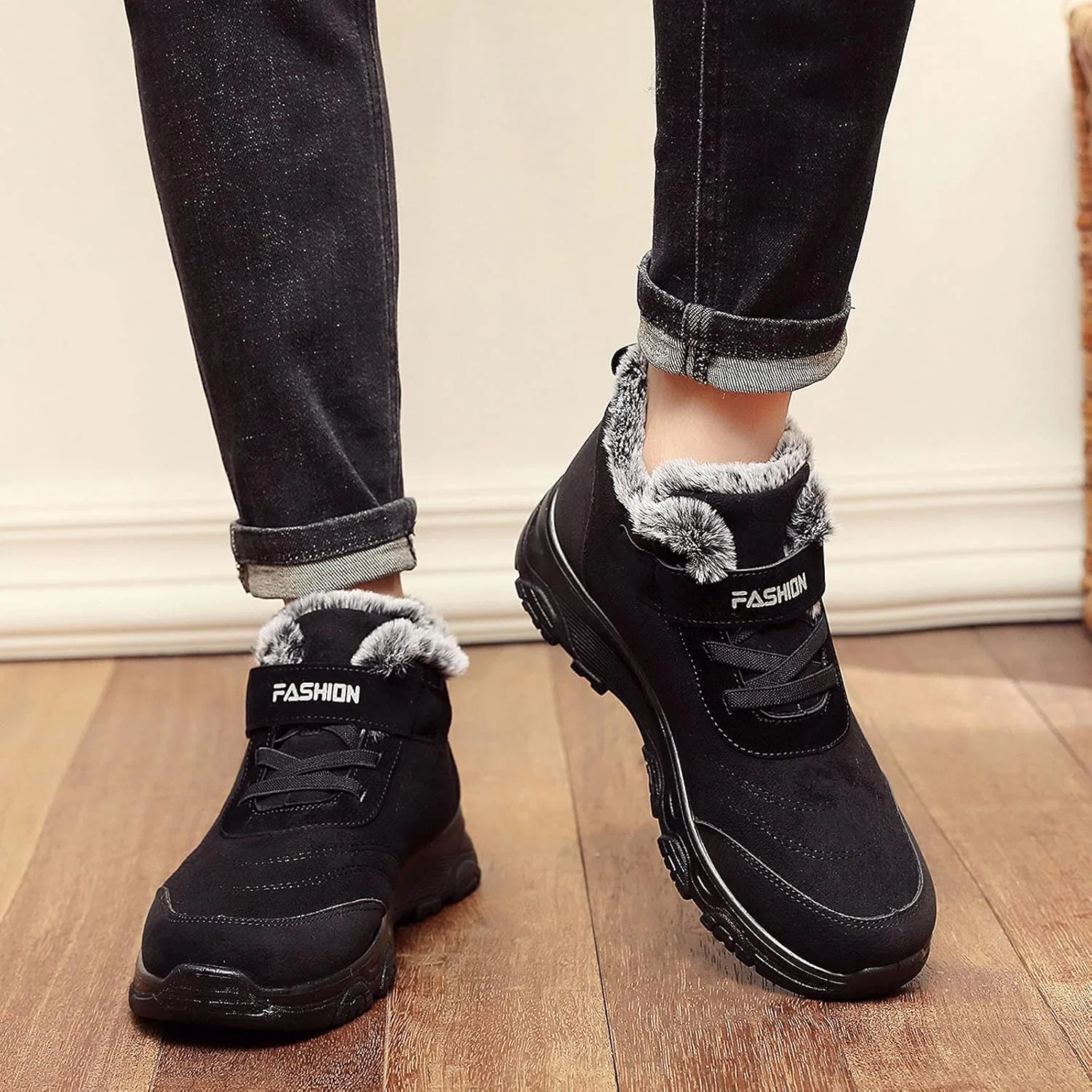 Winter Wanderschuhe Damen Herren, Halten Sie Sportstiefel Schuhe Toe Round Fashion -Rutsch Зимние теплые мужские ботинки из флока на плоской подошве Herrenstiefel Generic, Schwarz — фото 3