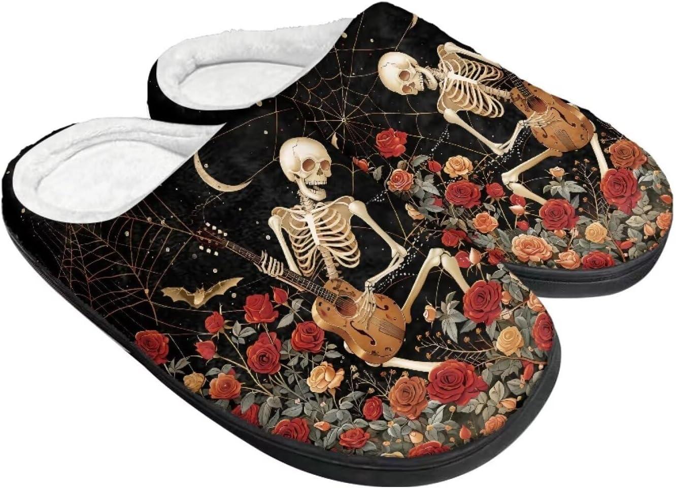 

Теплые тапочки для пары и семьи на осень и зиму для дома с нескользящей мягкой подошвой, обувь для женщин и мужчин, Хэллоуин Giftpuzz, Skeleton Guitar Roses