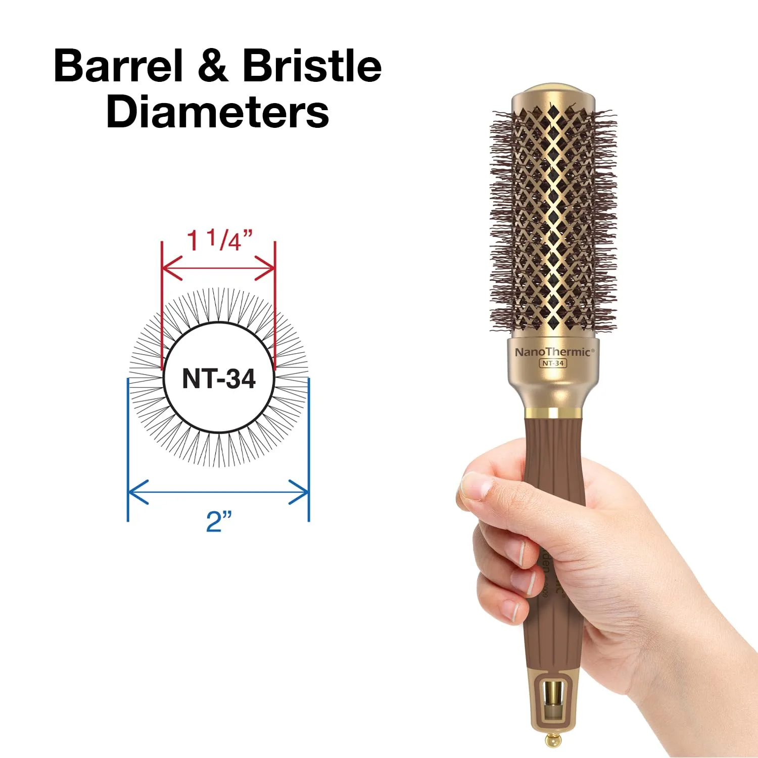 Термощетка для укладки волос Olivia Garden NanoThermic Ceramic + Ion Round Thermal Hair Brush - не электрическая - профессиональная щетка для нормальных и густых волос. 3,2 см, Gold / Chocolate — фото 2