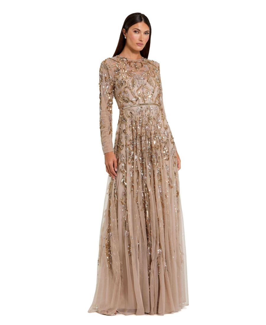 

Женское вечернее платье с длинными рукавами, ручной вышивкой и прозрачным вырезом горловины Mac Duggal, Mocha gold