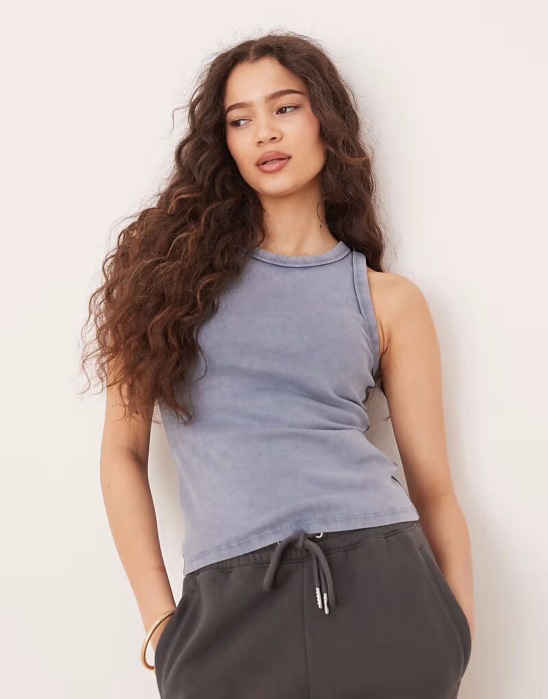 

Винтажная майка-топ Abercrombie & Fitch с круглым вырезом и отделкой в ​​рубчик синего цвета