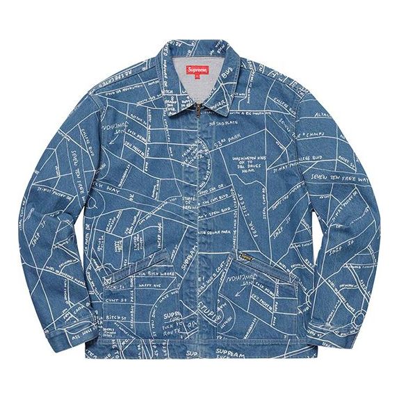 

Куртка Supreme SS19 Gonz Map Work Jacket Pattern Zipper Unisex Blue, светло-синий