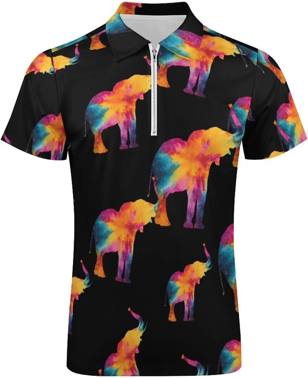 Мужское поло с коротким рукавом, полузастежка на молнии, Generic, Tie-Dyed Elephant, Style — фото 4