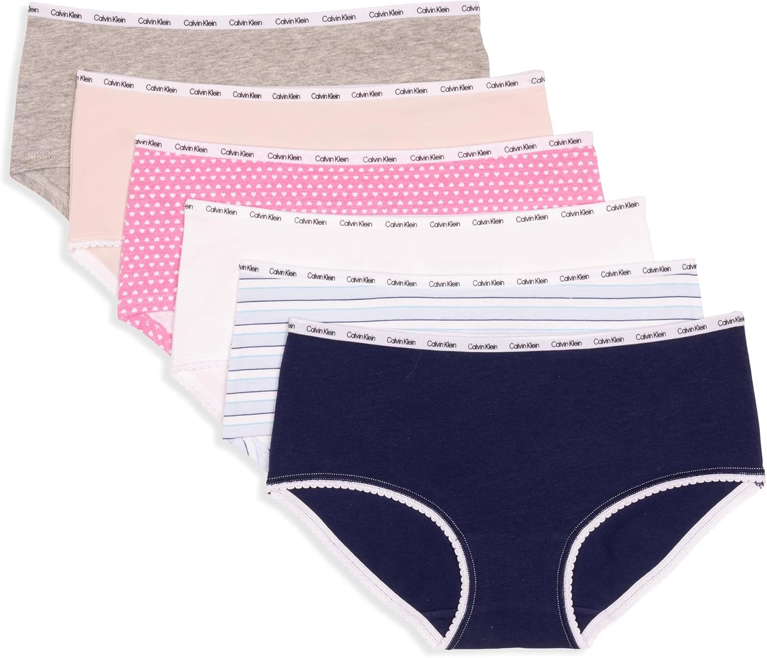 

Комплект из 6 пар нижнего белья Calvin Klein Girls Hipster из хлопка с пико-декорацией, Ck Stripes
