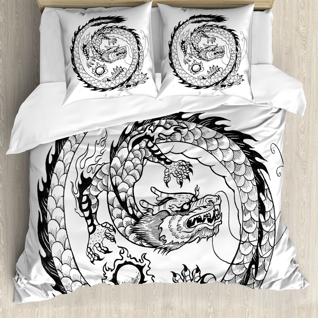 

ABAKUHAUS Пододеяльник Dragon, японский, с защитой от клещей, подходит для аллергиков с наволочками, 155 см x 220 см - 80 x 80 см, белый и черный