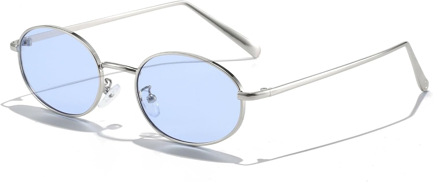 

Ретро овальные солнцезащитные очки для женщин и мужчин в стиле 90-х, модные маленькие круглые солнцезащитные очки золотистого цвета, узкая металлическая оправа SUNBSR, Silver/Blue