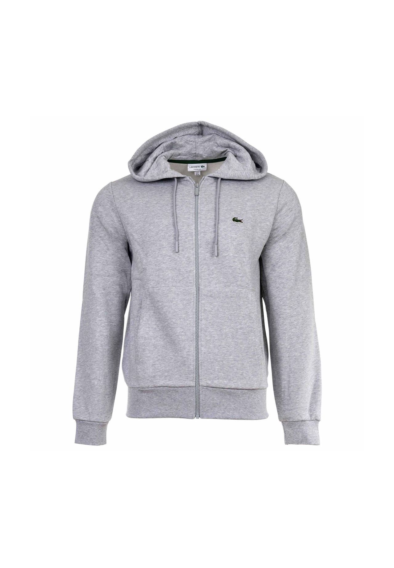 

Мужская толстовка с капюшоном - молния, флис с начесом, смесь хлопка LACOSTE, серый