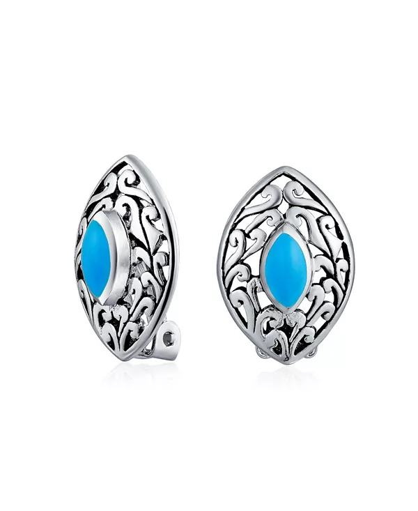 

Серьги-Клипсы Western Afiligree с синей бирюзой огранки «маркиза» из стерлингового серебра без проколов Bling Jewelry, blue