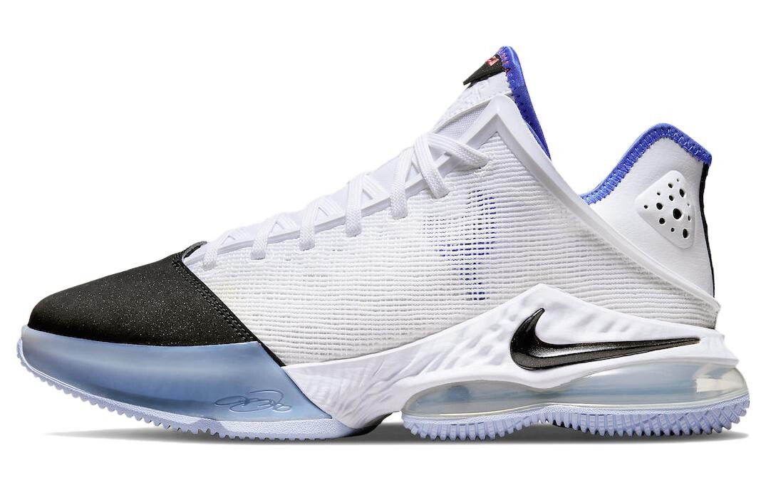 

Nike LeBron 19 Low Black Toe White Medium Blue Siren Red Black