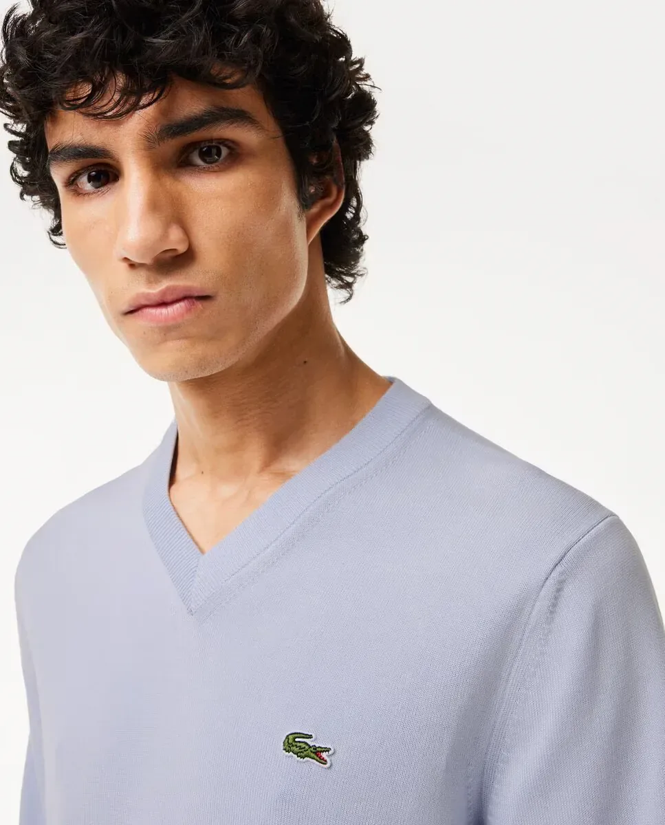 Мужской хлопковый джемпер однотонный с V-образным вырезом Lacoste, светло-голубой — фото 3