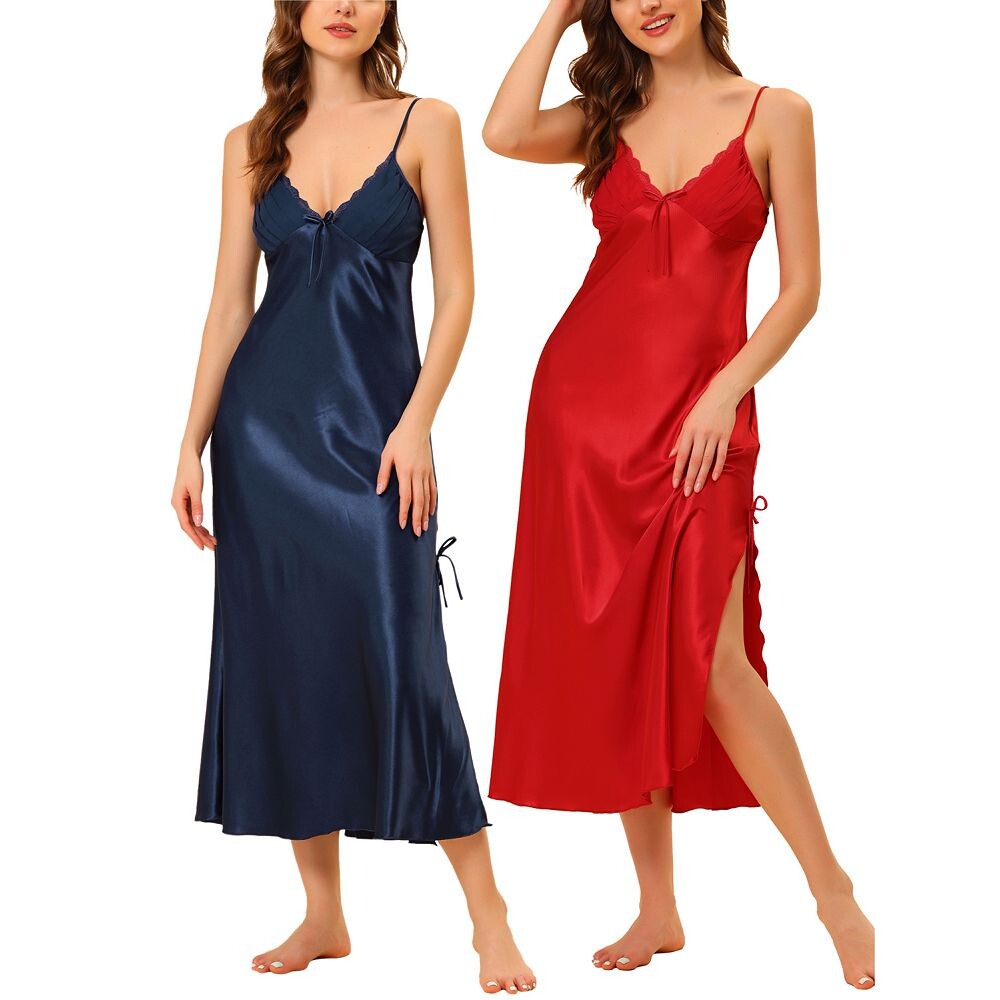 

Женская атласная ночная рубашка с V-образным вырезом, ночная рубашка, повседневное платье миди с боковым разрезом Cheibear, цвет Blue Red