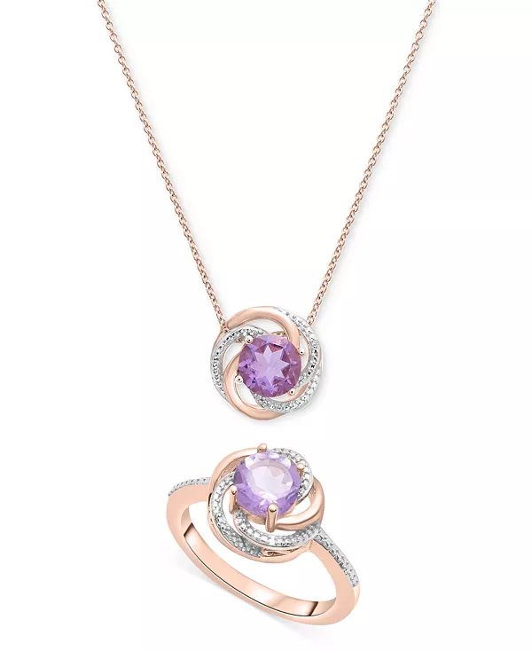 

Комплект из двух подвесок-спиралей с розовыми аметистами (1,5 карата) и бриллиантами в виде кулона и подходящего кольца из стерлингового серебра с покрытием из розового золота 14 карат (также с голубым топазом и цитрином) Macy'S, amethyst
