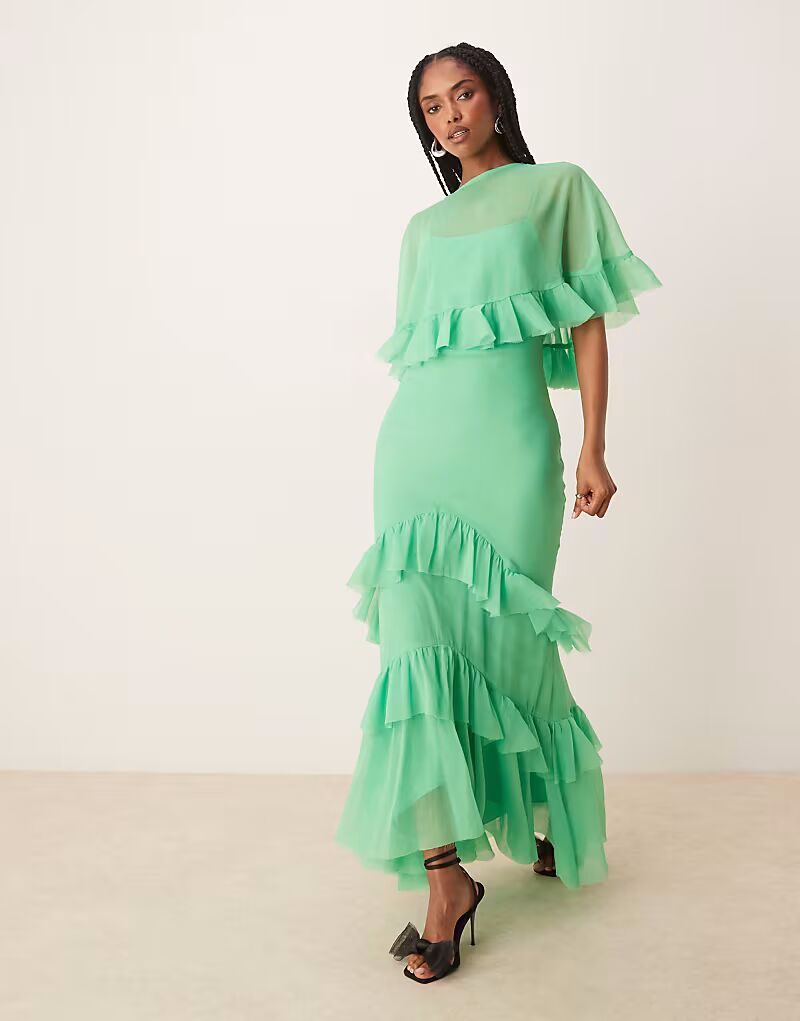 

Платье макси с накидкой и оборками ASOS DESIGN ярко-зеленого цвета