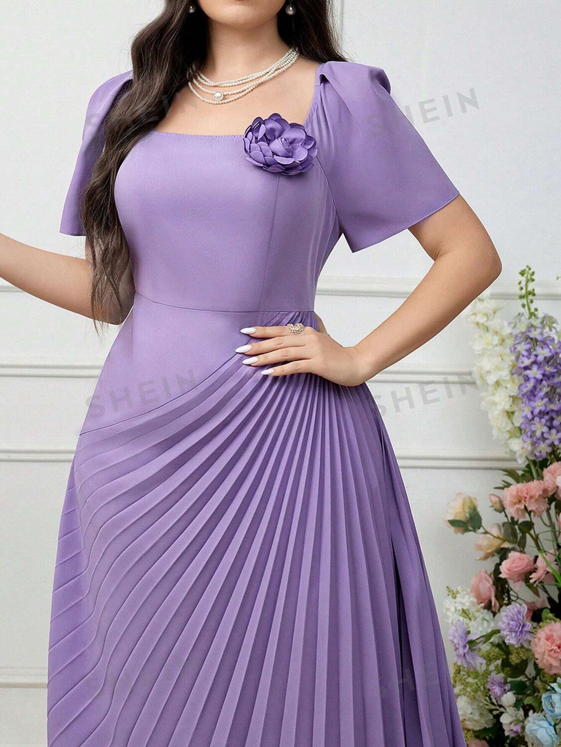 

Modely, Женское простое повседневное плиссированное платье больших размеров с 3D цветочным узором, полуофициальное свадебное платье для вечеринки Shein, фиолетовый