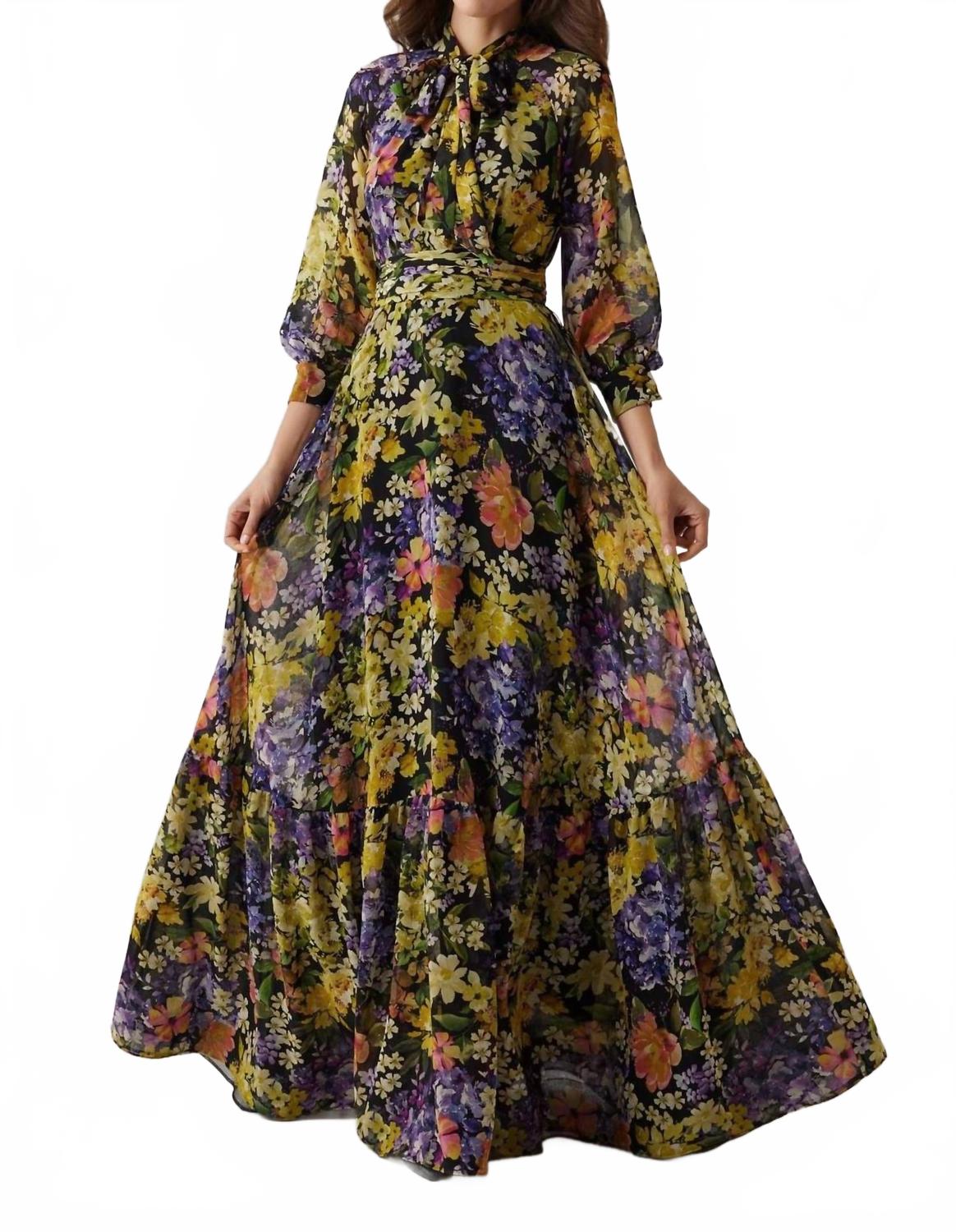 

Teri Jon Шифоновое платье с цветочным принтом и завязками на шее, желто-разноцветное