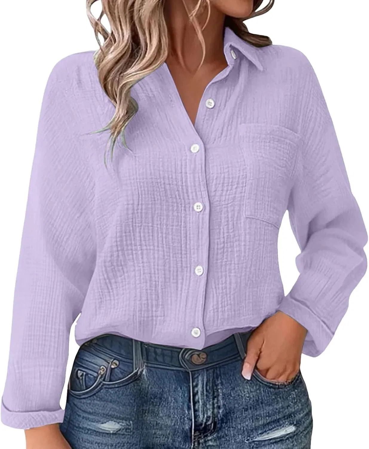 Блуза женская, льняная, плиссированная, с поясом, свободная, Casual, Light Violet