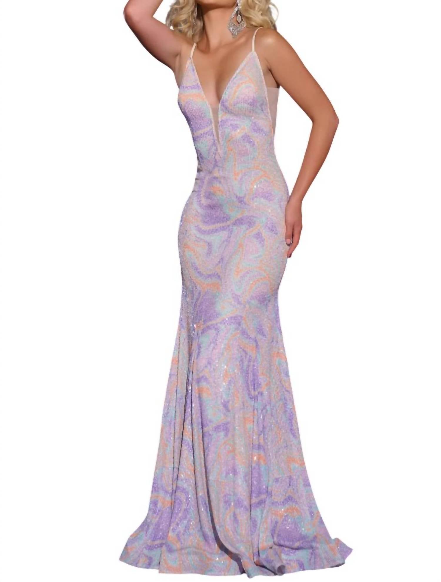 

JOVANI Вечернее платье с V-образным вырезом «русалка», разноцветное
