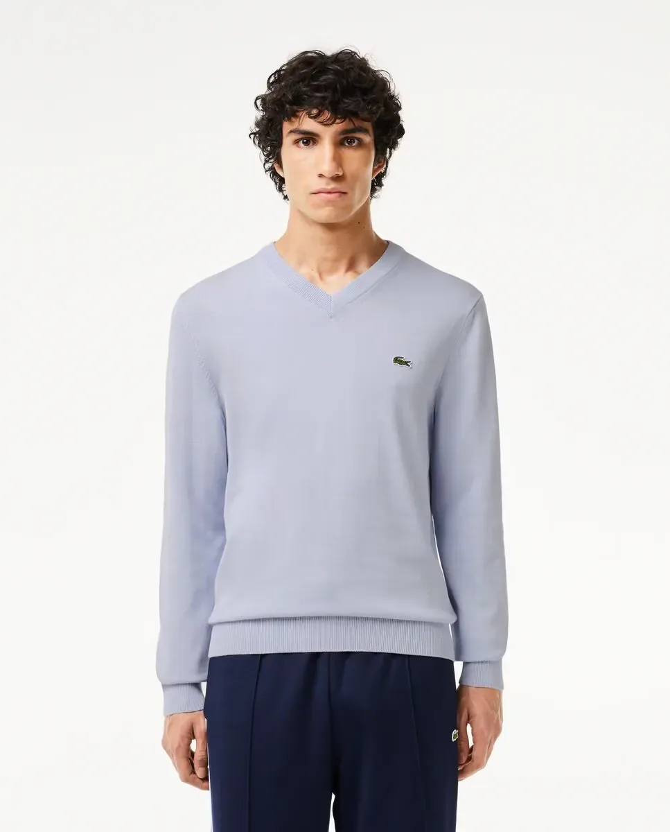 Мужской хлопковый джемпер однотонный с V-образным вырезом Lacoste, светло-голубой