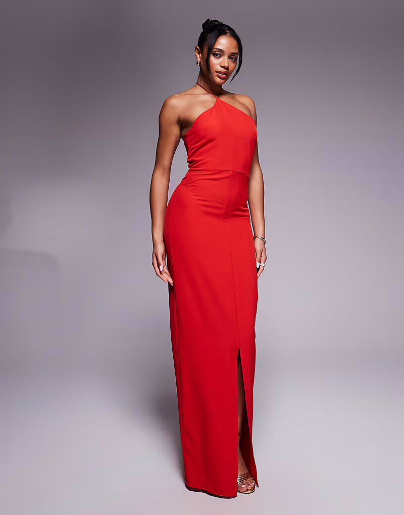 

Платье макси Vesper с вырезом халтер и разрезом красного цвета