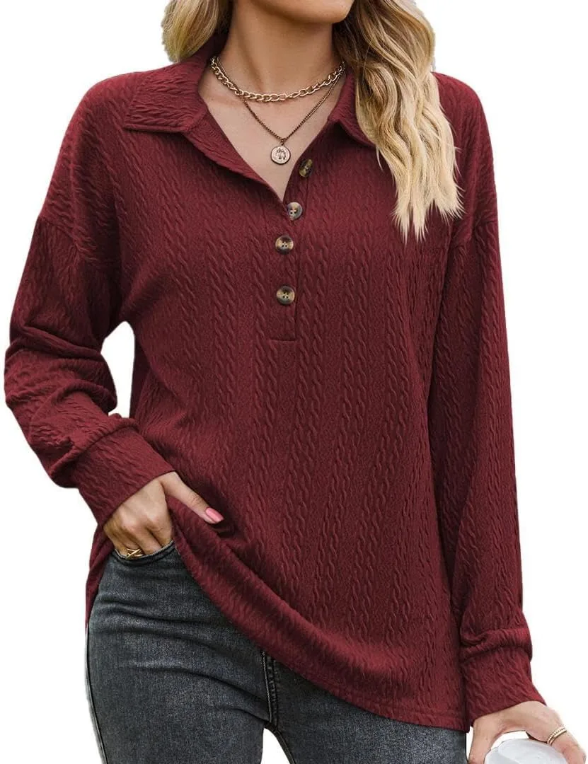 

FMCHICO Женская рубашка с длинным рукавом, воротником лацканом и V-образным вырезом