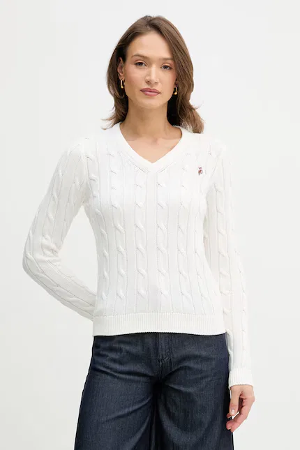 Свитер с V-образным вырезом и узором коса модель V-NECK CABLE U.S. Polo Assn., бежевый