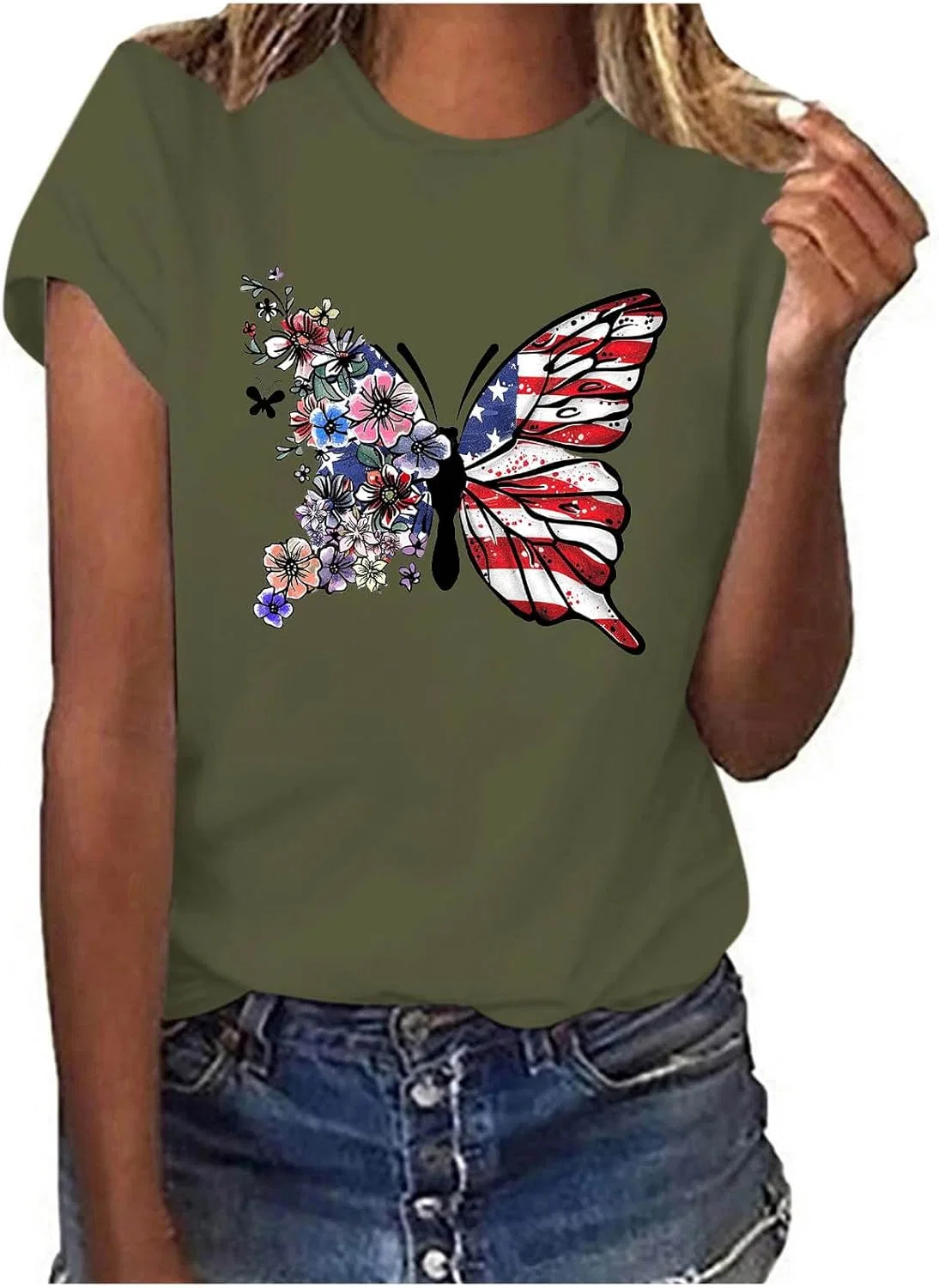 Футболка женская с принтом флага США, Generic, Army Green
