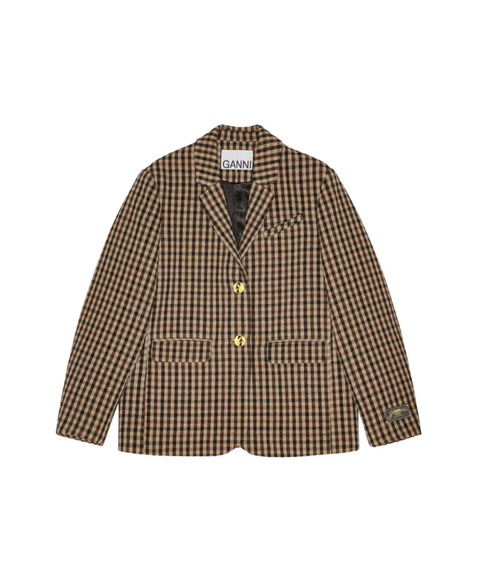 

Коричневый клетчатый пиджак с золотыми пуговицами Ganni, коричневый