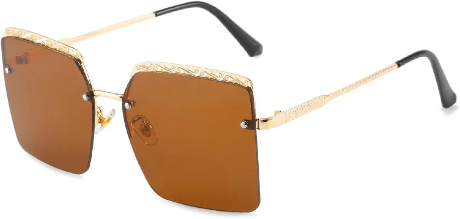 

Модные ретро-солнцезащитные очки без оправы из металла, унисекс, с большой оправой, для путешествий, уличной фотографии, защита от УФ-излучения UV400 TKKTLLT, Gold Brown