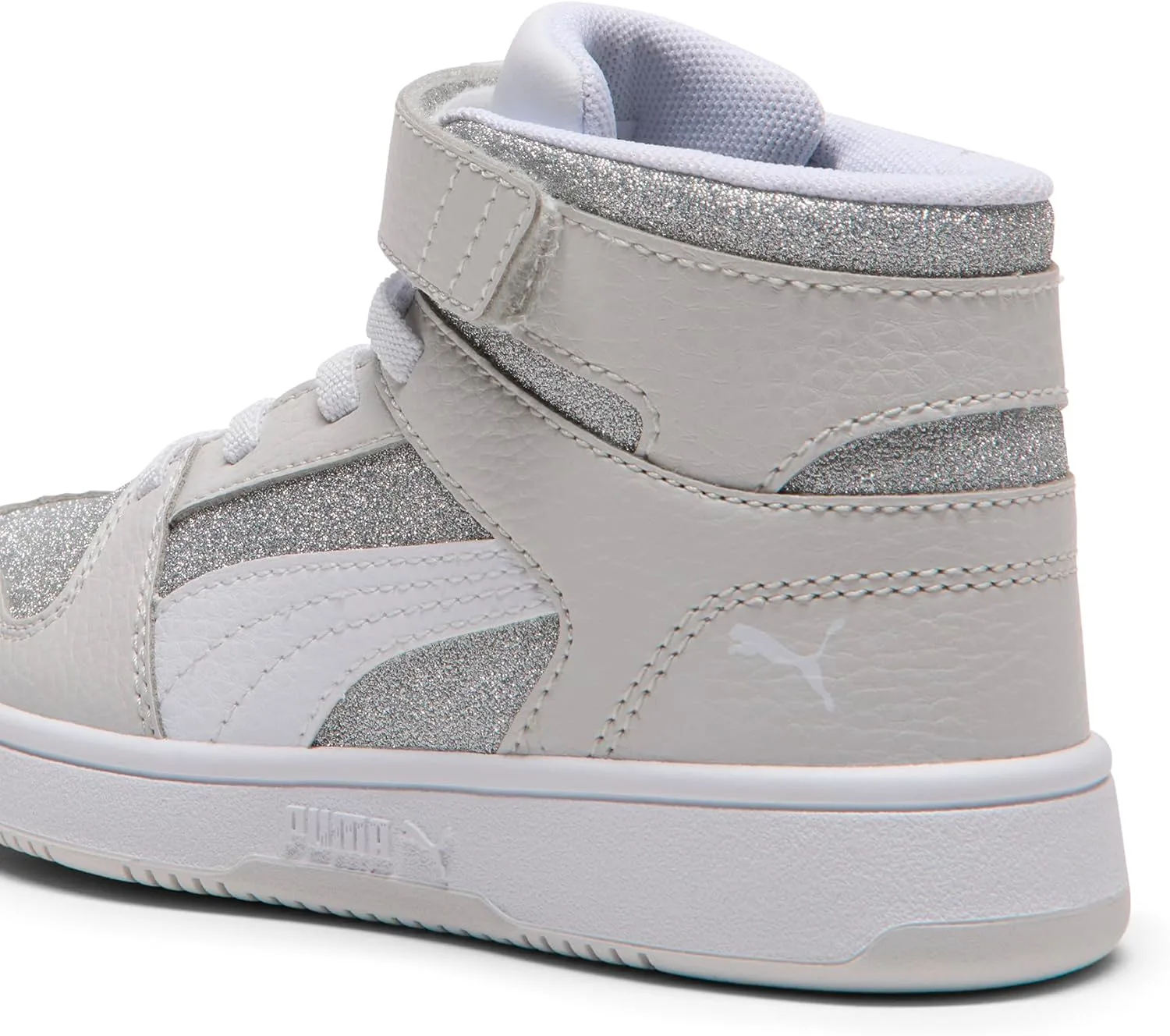 Кроссовки PUMA для детей Rebound Layup Mid на липучках, серый/белый/серебристый — фото 2