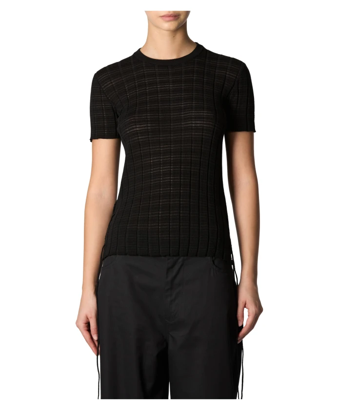 

Хлопковая блузка в рубчик с круглым вырезом Roberto Collina, черный