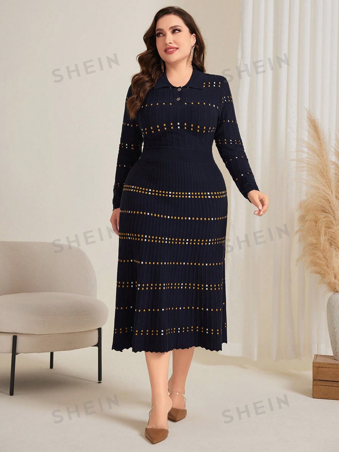 

Modely Plus Size Вязаное платье-свитер с воротником-поло Shein, темно-синий