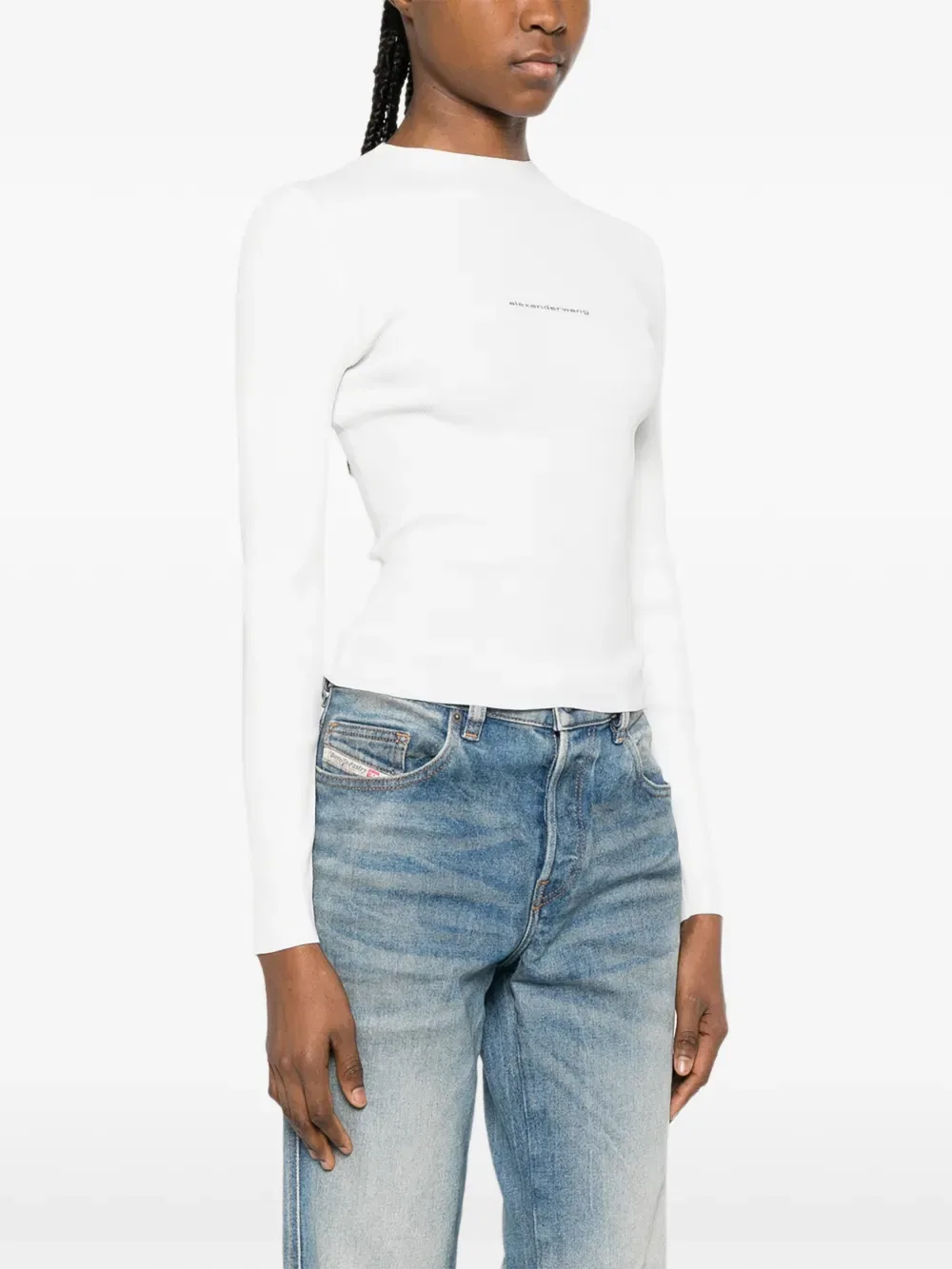 Вязаная футболка с длинными рукавами и логотипом Alexander Wang, белый — фото 3