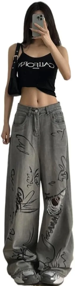 

YELLOOP Barrel Jeans Women Y2k, мешковатые джинсы с широкими штанинами, рваные